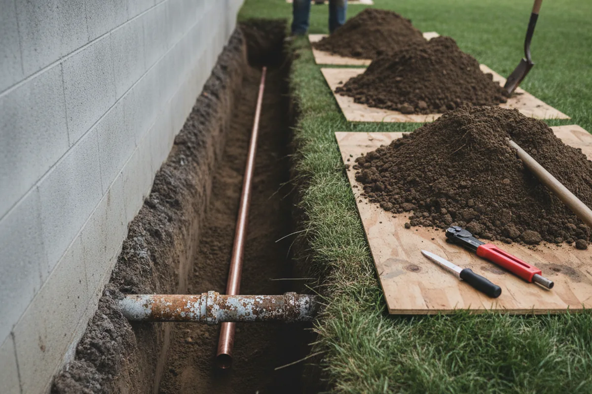 Excavated water line trench during Sewer Line Repair in Mccomb